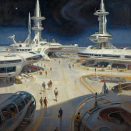 a futuristic space port, painting by le nain, trending on artstation