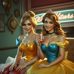 disney princess friends by gil elvgren and olivia de berardinis and fritz willis, hyperrealism, highly detailed, cyberpunk