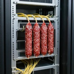 server room with salami instead of wires and cables