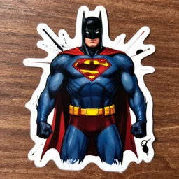 die cut sticker, batman in a superman suit, splatter paint