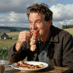 lou perez eating bacon, realistic, in the style of norman rockwell