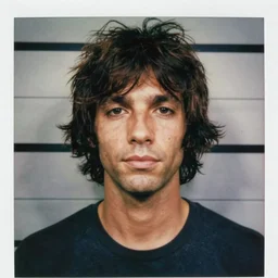 Mugshot Portrait of Jim Morrison, taken in the 1970s, photo taken on a 1970s polaroid camera, grainy, real life, hyperrealistic, ultra realistic, realistic, highly detailed, epic, HD quality, 8k resolution, body and headshot, film still, front facing, front view, headshot and bodyshot, detailed face, very detailed face