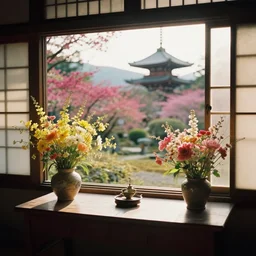 1 9 9 0 s candid 3 5 mm photo of a beautiful day in the a dreamy japanese flowery cottage, cinematic lighting, cinematic look, golden hour, a desk for flower arrangements has sun shinning on it through a window, temple in the distance, uhd
