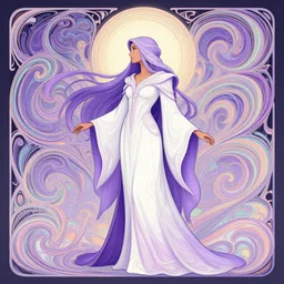 side profile cenetered portrait, maya ali wizard, gloomhaven, art nouveau, swirly vibrant color lines ripples, pastel colors, ( ( ( a billowy intricate white and purple robe ) ) ) sharp edges. ultra clear detailed. 8 k. ultra detailed, elegant, intricate, octane render