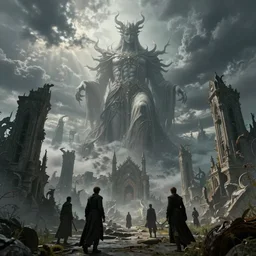 an eldritch deity descending upon a ruined beautiful and gloomy fantasy city, photorealistic movie still by michael komarck, greg rutkowski, victo ngai, artgerm, willem claesz heda and j. dickenson