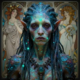 portrait of a sad bioluminescent tribal creature, intense expression, highly detailed, asymmetrical artwork, cinematic, hyperrealism, art by zdzisław beksinski and stanley lau and artgerm and magali villeneuve and alphonse mucha, artstation, octane render, unreal engine, 8 k, aperture f 1. 2