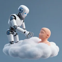 mechanical robot with beard on the cloud is touching a human on cloud, transferring new energy, creazione di adamo, classical fresco in the sistine chapel by michelangelo buonarroti