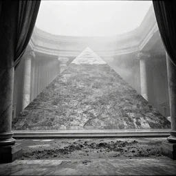movie still of a big marble pyramid hall with drapery and columns, cinestill 8 0 0 t black and white, by andrei tarkovsky, heavy grain, high quality, high detail, ultra wide lens, sharpness, flares, anamorphic, foggy, mud, rain