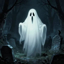 a ghost in a graveyard, horror, creepy, mystery, digital art, trending on artstation, by Stephen king and Thomas Kinkade
