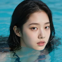 beautiful half body portrait of hoyeon jung, face emerging from pool of water with high detail, 8 k, stunning detail, photo by artgerm, greg rutkowski and alphonse mucha, unreal engine 5, 4 k uhd
