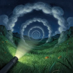 nightly, spiral, naive nerikomi, weird perspective, extra narrow, detailed illustration, lit by flashlight, scenic spiral environment by rhads from lorax movie, trending artstation, true color, fisheye, grass field mountainous terrain, spiral clouds