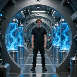 Still from the movie 'Time Jump', a man in a blakc t-shrit stands inside a time jump tube, canisters surrounding the tube fill with blue time energy as the machine prepares to send him back in space, ultra realistic, 4K, perfect composition