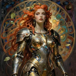 realistic detailed portrait of a  mecha cyberpunk! goddess by Alphonse Mucha,  Charlie Bowater, Art Nouveau cyberpunk! style, mechanical accents!, mecha plate armor, glowing LEDs, flowing wires with leaves, rich deep moody colors