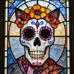 a catrina skull, photorealistic, detailed stained glass window