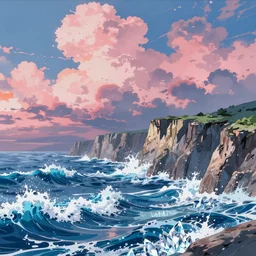 anime landscape wallpaper, waves simulated crystal clear waves, ocean cliff side, pink, blue, and orange clouds