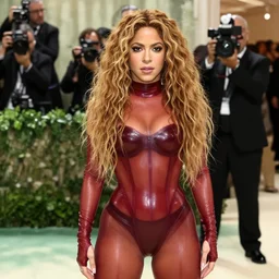 sexy shakira wearing very tight translucent dark red latex crazy outfit met gala photoshoot