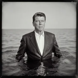 a daguerreotype of ronald reagan rising from the ocean