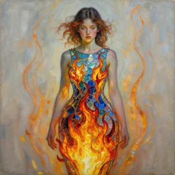 beautiful [ young ] woman wearing a dress made from stained glass in the design of a flame. painting by artgerm and greg rutkowski and ilya kuvshinov