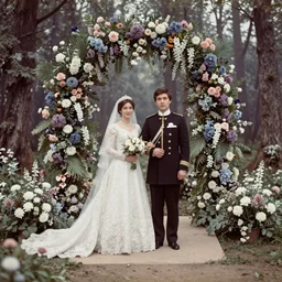 A Russian and Japanese mix historical fantasy of a photograph portrait taken of inside a royal wedding floral covered isle inspired by a enchanted ethereal forest, 1907 photo from the official wedding photographer for the royal wedding.