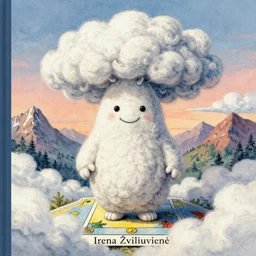 A Mumintroll character in shape of wool felting amazing clouds, illustration by Irena Žviliuvienė, book cover, colorful background with mountains, 8k resolution, ultra detailed, matte painting, tarot card style, character design, watercolor detailed art