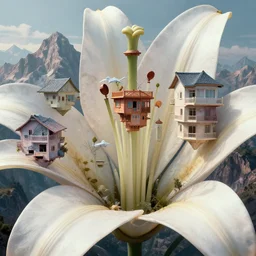 hyperrealistic abstract close-up Renaissance psychedelic!! biotech architecture in the form of a mobius strip on a mountain landscape, parts of the house hang as consoles in the form of lily petals, octane render, hd