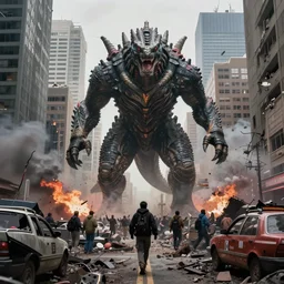 Ominous still of Kaiju Behemoth roaming through devastated Toronto downtown district, chaotic riots in 2022, Canon EOS R3, f/1.4, ISO 200, 1/160s, 8K, RAW, unedited, symmetrical balance, in-frame, documentary photography, colorful