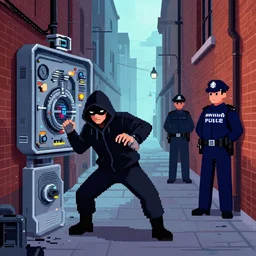 a burglar, mechanical, caught by police, futuristic, london alley, illustration, pixelart, alan moore style
