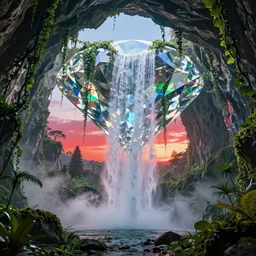 a beautiful and stunning digital render of a humongous diamond cave, vines, haze, waterfall, volumetric lighting, hyperrealistic, red, green, blue sky, sunset, unreal engine 5, ultra detail, trending on artstation