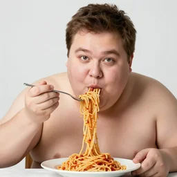 portrait photo of fat man eating spaghetti with a fork, spaghetti hanging from fork, slurping spaghetti, sauce splatter, beard stubs, dirty chin, extreme closeup, finely detailed 5 0 mm nikon photo