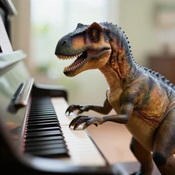 a dinosaur playing a piano, photorealistic, bokeh, soft focus