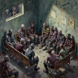 zombies waiting in a waiting room, eerie, liminal, isometric, by craig mullins, by mattias adolfsson, oil on canvas,