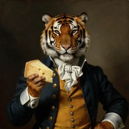 painting of a tiger holding a piece of cheese and wearing napoleon cloths  by George Stubbs, renaissance painting, oil painting, old master
