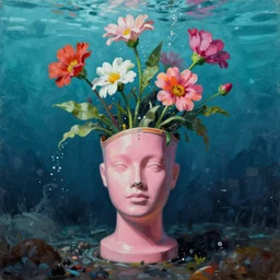 George Tooker, award winning masterpiece with incredible details, George Tooker, a surreal vaporwave vaporwave vaporwave vaporwave vaporwave painting by George Tooker of an old pink mannequin head with flowers growing out, sinking underwater, highly detailed George Tooker