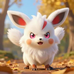 real life zangoose pokemon, cute!!!, heroic!!!, adorable!!!, playful!!!, fluffly!!!, happy!!!, cheeky!!!, mischievous!!!, ultra realistic!!!, the zangoose looks fiercer than it is with its white fur, red markings, pointy ears and angry pink eyes, autumn, clear weather, ( golden hour ), sharp focus