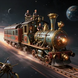 a steampunk train in space at warp speed by paolo eleuteri serpieri and tomer hanuka and chesley bonestell and daniel merriam and tomokazu matsuyama, unreal engine, high resolution render, featured on artstation, octane, 8 k, highly intricate details, vivid colors