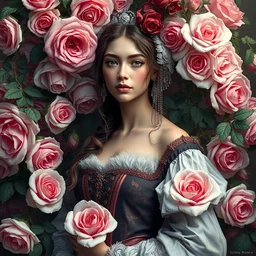 a beautiful elegant and grace female sorrounded by roses wearing a renaissance noble costume, octane render, vivid colors, artstation, by jeremy mann, by alphonse mucha, by boris vallejo. delicate features. bright white. ultra realistic. ultra clear detailed