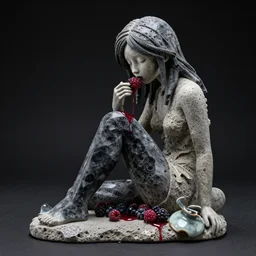 sculpture of an emo girl eating berries, made from obsidian and and pumice and japanese glazed pottery and glass, sensual, berry juice dripping, black background, zen,
