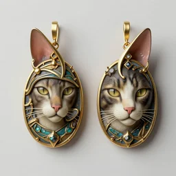hyperrealistic artnouveau style earrings with the face of a cat - like woman in atlantis