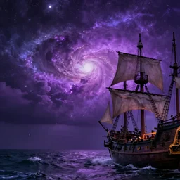 purple color lighting storm with stormy sea close up of a pirate ship trippy nebula sky