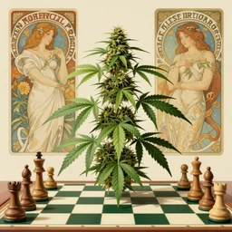 a cannabis plant, bio vegetal concept art, by Peter Mohrbacher and Alphonse Mucha, chess, amazonia, detailed, style, 8k, trending on artstation, unreal engine 4k, detailed, clean background trending, full shot, symmetrical portrait, sophisticated, Unreal engine, dystopia, anti-utopia, post processing, psychadelic