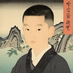 portrait of chinese boy short hair, artstation, in the style of moebius, jugendstil and classic japanese print, art by jean delville