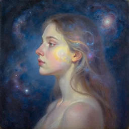 a beautiful oil painting of me looking inward and inside out to discover a peaceful galaxy of ethereal energy
