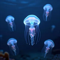 ocean underwater night view of transparent bodied bioluminescent ocean creatures, octane render, cinema 4 d, light rays, cinematic lighting, golden ratio, underwater photography, realistic, volumetric lighting, wildlife documentary, by greg rutkowski
