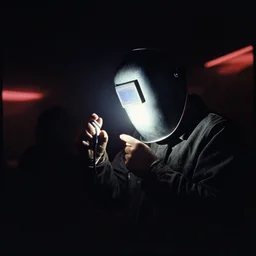 welder in welding mask in a berlin dance club, ominous lighting, by richard avedon, tri - x pan stock