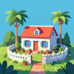 a typical house in a creole garden from reunion island concept art by petros afshar, kurzgesagt style. colourful 2 d cartoon, matte background, luminescent. behance contest winner