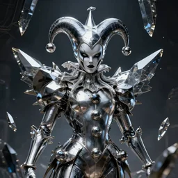 impressive ominous front!! shot photo of a court jester!! character fine portrait fine portrait mesmerizing visionary hyper cubes platinum anodized dark future dimensional galactic crystal shard edges elegant detailed intricate concept artstation sharp focus ray tracing cinematic masterpiece temporal corruption beeple wlop germ 8 4 k scifi glossy realistic illustration canon eos r 3 fujifilm x - t 3 0 sony alpha