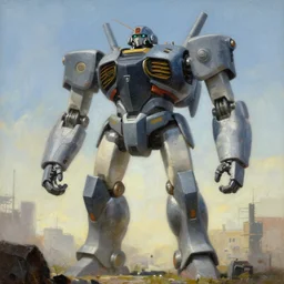 painting by Simon Stålenhag. a giant robot in the background