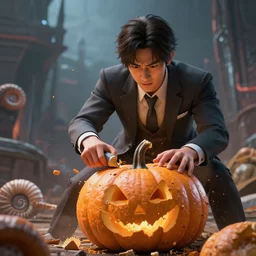 beautiful detailed fantasy korean man wearing a suit and smashing a pumpkin, character portrait, epic fantasy, 3d with depth of field, blurred background, realistic face, nautilus. A highly detailed epic cinematic concept art CG render. made in Maya, Blender and Photoshop, octane render, excellent composition, cinematic dystopian brutalist atmosphere, dynamic dramatic cinematic lighting, aesthetic, stylized, very inspirational, Koda Kazuma, Hayao Miyazaki, Tetsuya Nomura, Yusuke Murata