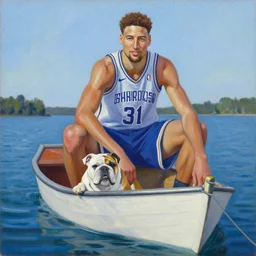 klay thompson on a boat in the bay with his bulldog, oil on canvas by wayne thiebaud