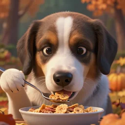 very beautiful portrait of a dog eating cereal using spoon, smooth, perfect face, fantasy, character design by mark ryden and pixar and hayao miyazaki, sharp focus, concept art, harvest fall vibrancy, intricate detail, cinematic lighting, hyperrealistic, 3 5 mm, diorama macro photography, 8 k, 4 k